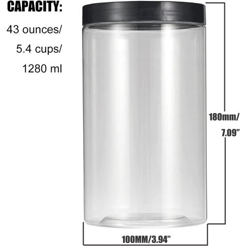 43oz (1280 ml) Clear Plastic Jars with Smooth Black Lids and Labels (6 Pack), Wide Mouth, BPA Free, PET Jars Bulk for Home & Kitchen Pantry Organization and Storage (Black)