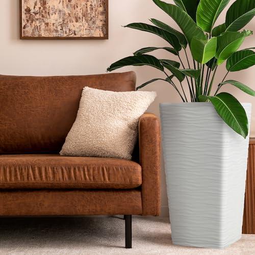 Worth Garden 22 Tall Planters Set of 2 - Plastic White Square Plant Pots - Modern Big Tapered Matte Wavy Tree Flower Pot for Indoor Outdoor Porch Deck