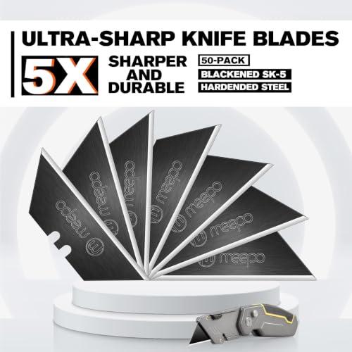 M MEEPO Utility Knife Blades, Never Rust, Blackened SK-5 Steel, 50-Pack | High strength blackened Blades, 5X sharper and durable，Storaged in hard plastic case, Standard size