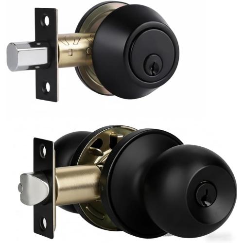 Front Door Lock Set Exterior Door Lock Set with Deadbolt, Single Cylinder Deadbolt Lock and Door Knob Set, Keyed Alike,Matte Black Door Knob and Deadbolt Set(1Pack Set)