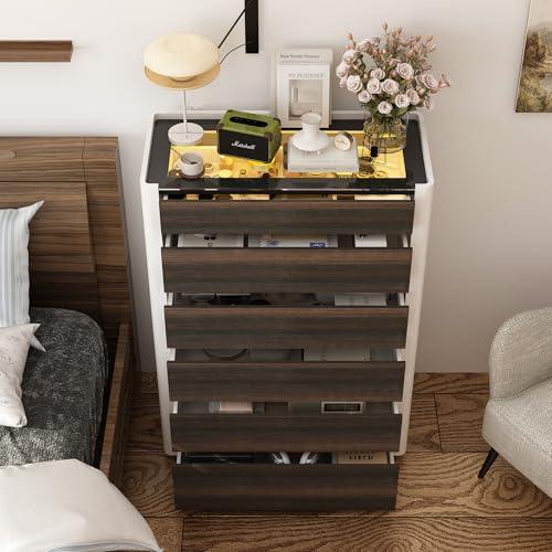 Tall Dresser with 5 Handleless Drawers & 3 Color LED Light, Modern Chest of Drawers with Glass Top & Wood Grain for Bedroom Living Room, Brown & White