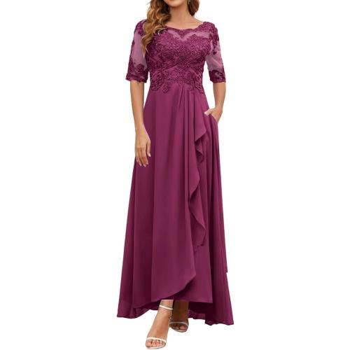 Size L Women's Half Sleeves Mother of The Bride Dresses for Wedding Lace Appliques Ruffled Chiffon Formal Evening Gowns