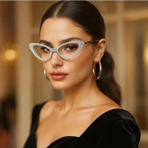 Color White   1.75 Rhinestone bullabulling Cat Eye Rhinestone Reading Glasses for Women Sparkling Crystal Eyewear Frames Trendy bling Diamond Reader