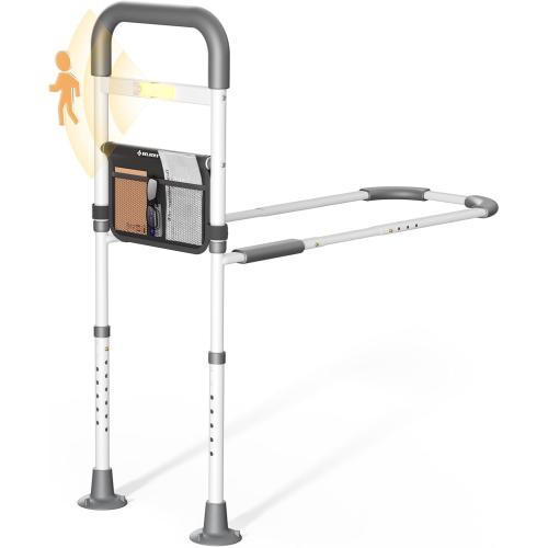 Grey Bed Rails Elderly Adults Safety: Side Assist Grab Bar Handrails for Seniors with Motion Sensor LED Light Pouch - Adjustable Bed Cane Portable Handle Bedside Railing - Fits Twin Full Queen King Grey