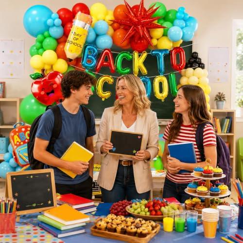 230pcs Back to School Balloon Arch Kit, Colorful Red Blue Yellow Lime Green Orange Foil Yellow Pink Nude Silver Black Pencil Balloons for First Day of School Party Decorations