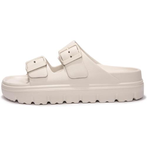 FUNKYMONKEY Women's 6 Cream Comfort Slides Double Buckle Adjustable Plastics Flat Sandals
