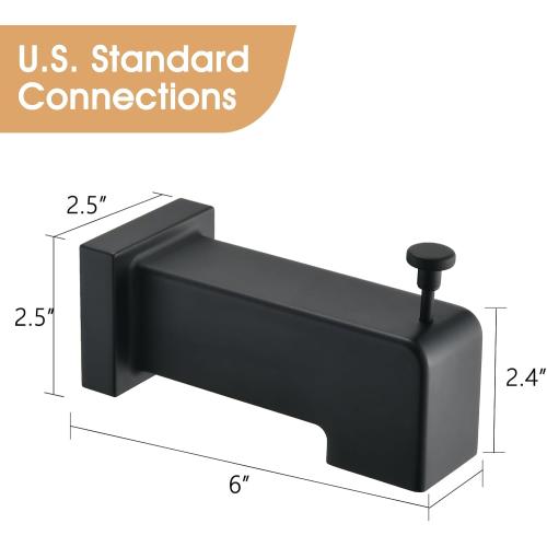 Slip On Diverter Tub Spout, Sleek Square Design for Bathroom, Fits 1/2 Copper Pipe (5/8 OD), Child-Safe Rounded Edges, Easy Installation, Matte Black