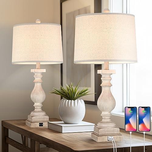 Rustic Dimmable Table Lamps Set of 2 with USB Charging Ports,26.5”Resin Beside Lamps for Living Room,Vintage Farmhouse Nightstand Lamps Traditional French Country Table Lamps for Bedroom