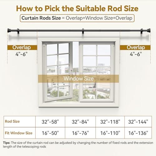 YaFex Curtain Rods 2 Pack 32-144 Inch, Heavy Duty 1 Inch Curtain Rod, Black Extra Long Adjustable Window Treatment Rods, Modern Design, Easy Installation