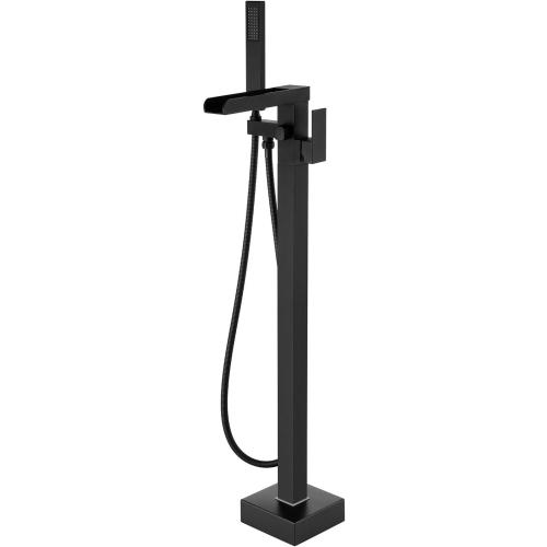 Wowkk Waterfall Tub Filler Freestanding Bathtub Faucet Black Floor Mount Brass Single Handle Bathroom Faucets with Hand Shower