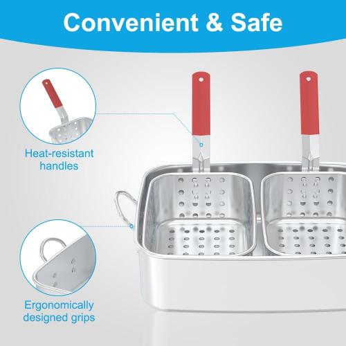 FireRiot 18QT Aluminum Deep Fryer Pot with Baskets & Heat-Resistant Silicone Handles - Lightweight & Durable Fish Fryers Outdoor Cooking - Rectangular Fish Fryer Basket for Outdoor Fryer