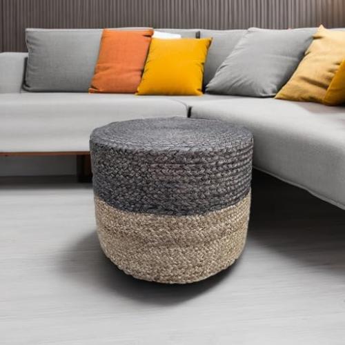 S & L Homes Pouf Ottoman - 100% Jute Braided Footrest Pouf Hand Knitted Traditional Cord Boho Pouffe for Living Room, Bedroom, Nursery, Patio, Lounge Colorblock - Natural Brown (20”x20”x10”)