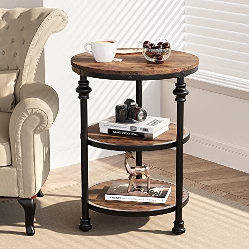 GarveeHome Round End Table with Storage Shelves, 3-Tier Round Farmhouse Side Table w/Mental Support Legs, Rustic End Table Accent Nighstands for Living Room Bedroom (A, Rustic Brown)