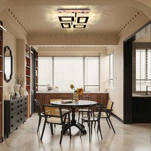 13.1''Square Crystal Chandelier Modern Crystal Ceiling Light Flush Mount Ceiling Lamps for Dining Room Living Room Bedroom Hallway (Warm)