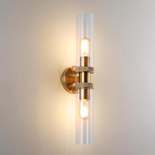 E26 Brushed Brass 2 Light Vanity Lights, Farmhouse Gold Modern Bathroom Wall Lamps with Glass Shade