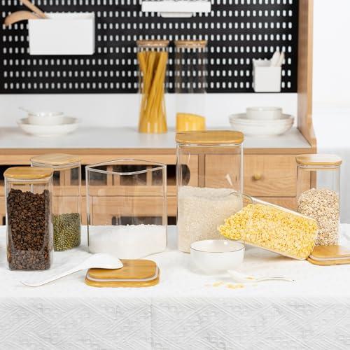 Airtight Glass Square Storage Canister with Bamboo Lid Set of 2 Glass Jars for Sugar, Flour, Cookies and Coffee beans