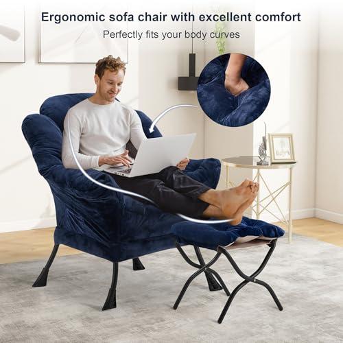 Fabric Lazy Chair with Ottoman, Oversized Upholstered Sofa Chair for Adults, Plush Comfy Lounge Chair with Large Side Storage Pocket, Reading Chair for Living Room, Bedroom, Office, Navy Blue
