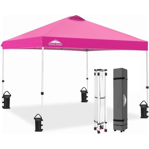 EAGLE PEAK Pop Up Canopy Tent with Wheeled Carry Bag, 8 Stakes, 4 Ropes, 4 Weight Bags, Easy Set Up Tent Canopy, 10x10 ft, 100sqft of Shade, Pink