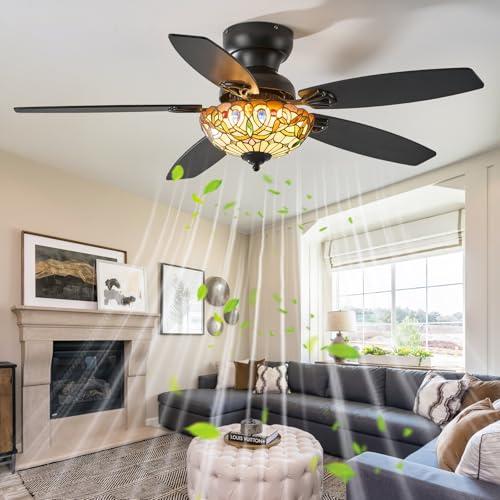 Size 48 Color Brown Tiffany Ceiling Fans with Lights - 48 Ceiling Fan Chandelier with 5 Dual-Blades and Glass Shade, 6 Speeds and Reversible, Indoor and Outdoor, Retro Style