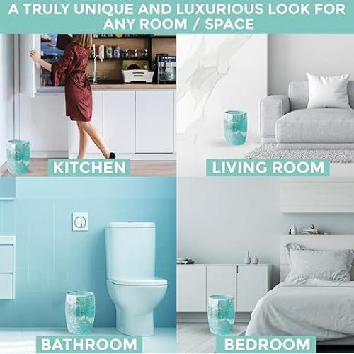 Modern Bathroom Trash Can Mosaic Glass 5L | 7 x 10 | Decorative Small Garbage Can | Luxury Waste Basket for Restroom, Office, Bedroom & Kitchen | Shiny Turquoise Green Bathroom Accessories