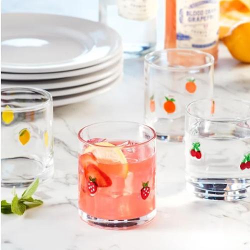 (MISSING CUP) Pandex 14 oz Icon Glasses, Set of 4 - Handcrafted Soda-Lime Drinking Glasses with 3D Molded Fruit Icons (Lemon, Orange, Cherry, Strawberry) - Whimsical Juice Tumblers for Spring & Summer