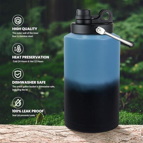 1 Gallon Water Bottle Insulated Stainless Steel Keeps Ice 48Hr, Large Water Gallon Jug Wide Mouth Leakproof Vacuum for Gym, Camping, & Construction Gradient Blue
