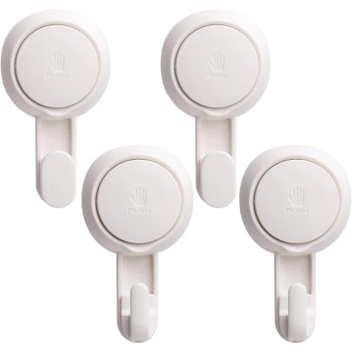 White 4 Pack LEVERLOC Heavy Duty Suction Cup Shower Hooks 4 Pack, Damage-Free Shower Hangers for Inside Bathroom Wall, Powerful Vacuum Suction Towel Hooks, Loofah Holders, Easy to Install and Remove, White