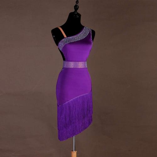 SizeM/L Latin Dance Dresses Women's Performance Spandex Tassel Crystals Rhinestones Sleeveless Dress