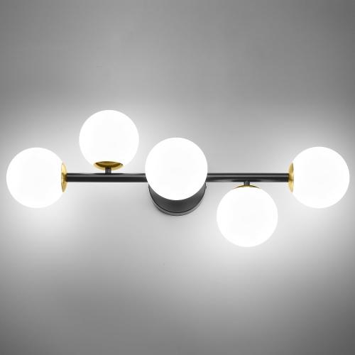 Mid Century Modern Bathroom Vanity Lights, 5-Light Bathroom Light Fixtures Black and Gold Bathroom Lights Semi-Flush Mount Ceiling Light, Wall Sconces Wall Light with Globe Frosted Milk Glass, G9 Base