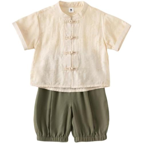 Size 3-4 Toddler Baby Boys Girls Hanfu Tang Chinese National Style Two Piece Summer Suit Short Sleeve Shirt Cute Pants Outfit