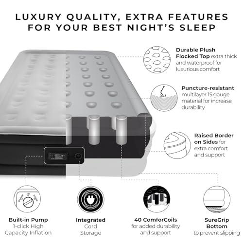 SoundAsleep Dream Series Raised Queen Air Mattress, Built-in Pump, Black | ComfortCoil Technology, fast 1-click inflation, waterproof flocked top and SureGrip bottom create a stable guest bed for two