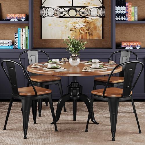 Alunaune 18inch Metal Dining Chair Set of 4 High Back Classic Chic Iron Farmhouse Chairs Industrial Stackable Coffee Stools Bistro Cafe Side Barstools Wood Seat-Black