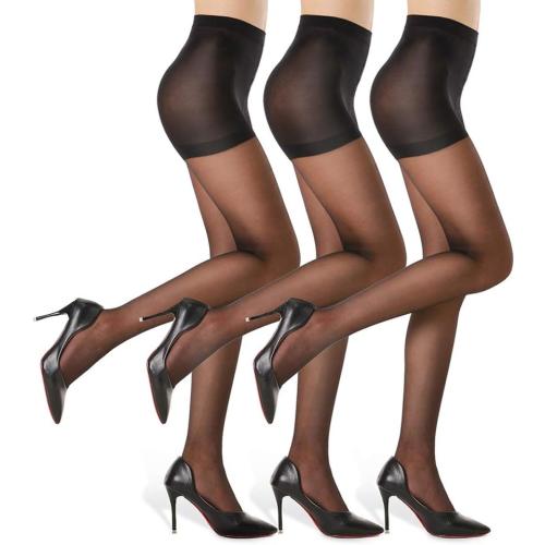 Size L G&Y 3 Pairs Women's Sheer Tights - 20D Control Top Pantyhose with Reinforced Toes