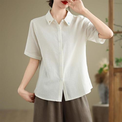 Size3XL -Women's Fashion Solid Button Down Shirts Lapel Short Sleeve Casual Cotton Linen Blouse Summer Cool Comfort Tops