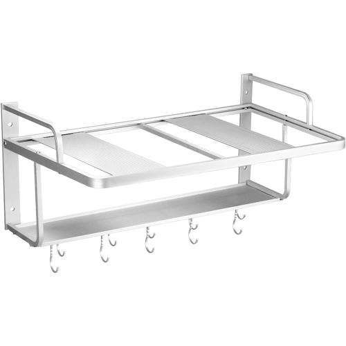 QWORK Microwave Oven Rack Shelf, Wall Mount Electric Oven Holders, Aluminum Double-Layer Microwave & Spice Rack, 2 Shelves with 10 Hooks, Support Load 88lbs, 21.65x15x9.84