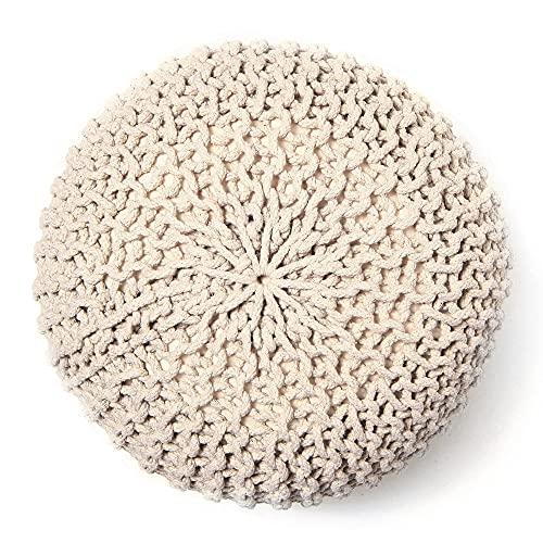 REDEARTH Round Pouf Ottoman - Cable Knitted Boho Poof - Home Décor Cord Pouffe Handmade Circular Footrest for Living Room - Bedroom - Kids Bedroom - 100% Cotton Pouf (18 x 18 x 14) - Ivory
