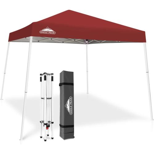 EAGLE PEAK 10x10 Slant Leg Pop-up Canopy Tent Easy One Person Setup Instant Outdoor Beach Canopy Folding Portable Sports Shelter 10x10 Base 8x8 Top (Burgundy)
