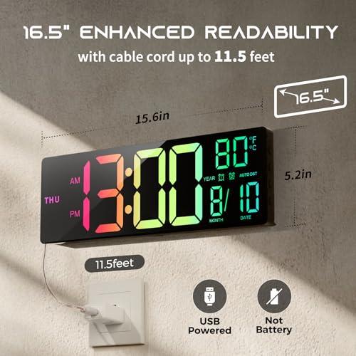 EASYERA 16.5 Large Digital Wall Clock with BT Sync,11 RGB Lights