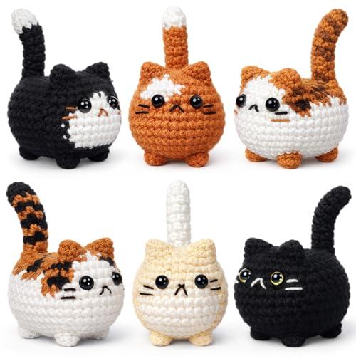6 Pcs Crochet Cat Figurines Handmade Knitted Cute