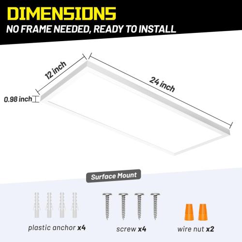 1x2 LED Flat Panel Light Surface Mount 2-Pack, Flush Mount Ceiling Light 24W 2880LM, 5CCT 3000K/3800K/4500K/5200K/6000K, Dimmable Panel Lights