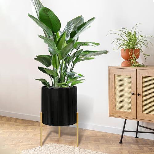 ARNIS Modern Plant Pots, Set of 2 Round Large Planters with Stand, Large Size Metal Pots with Drainage Holes for Living Room, Office, Garden or Balcony, 10.5 &12.25 Inch, Black & Gold