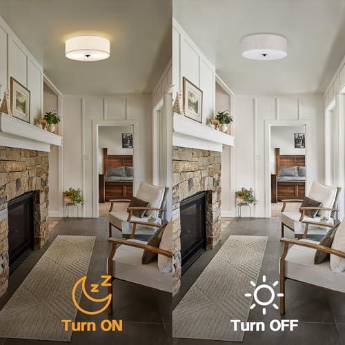 Flush Mount Ceiling Light Fixture, 13 Close to Ceiling Light with Beige Fabric Linen Drum Shade, 2-Light Modern Round Ceiling Light for Bedroom Hallway Dining Kitchen
