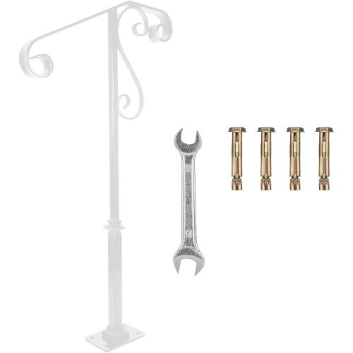 Bonbo Single Post Handrail, Wrought Iron Stair Handrail Fits 1 or 2 Steps, White