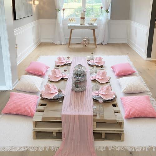 118 x 71 Extra Large Outdoor White Picnic Blankets with Pink Tulle Table Runner Cheesecloth Napkins Plush Throw Pillow Covers Oversize Beach Blanket Essentials for Wedding Picnic Camp(Stylish,14)