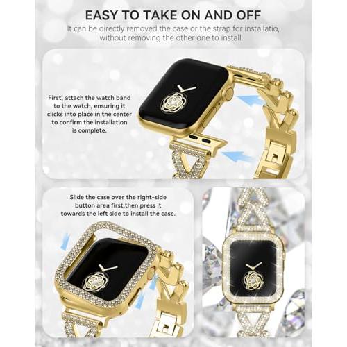Rhinestones Encrusted Metal Bracelet and Case, Compatible with Apple Watch Bands 38mm-49mm (Series 11/10/1/SE/Ultra 2)- Bling Gold Women's Jewelry Strap, Luxury iWatch Bracelet