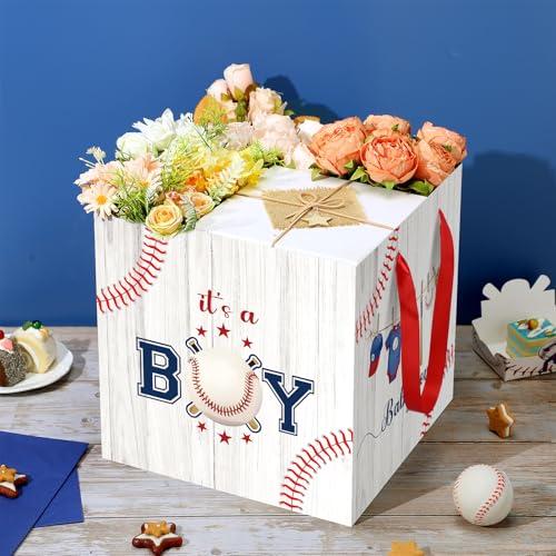 Frakron 12 Extra Large Baseball Baby Shower Gifts Bag with 3 Blue Tissue Paper Vintage Sports Theme Square Birthday Present Wrapping Bag for Boys Newborn Gender Reveal Party Decorations Supplies