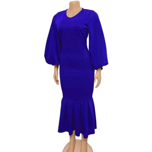 Women's 3XL Sexy V Neck Mermaid Fishtail Dress Elegant Lantern Long Sleeve Solid Color High Waist Bodycon Maxi Dress