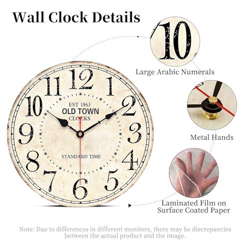 14in Antique Vintage Round Wall Clock Silent Old Town Farmhouse Home Decor