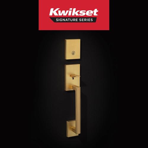 Kwikset San Clemente Front Door Lock Handle and Deadbolt Set, Entry Handleset Exterior with Interior Reversible Lever, Satin Brass, Pick Resistant SmartKey Deadbolt Security, with Microban Protection