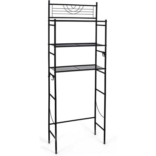 3-Tier Bathroom Over The Toilet Storage Rack Free Standing Metal Frame Shelf Organizer, with 4-Hooks, Black